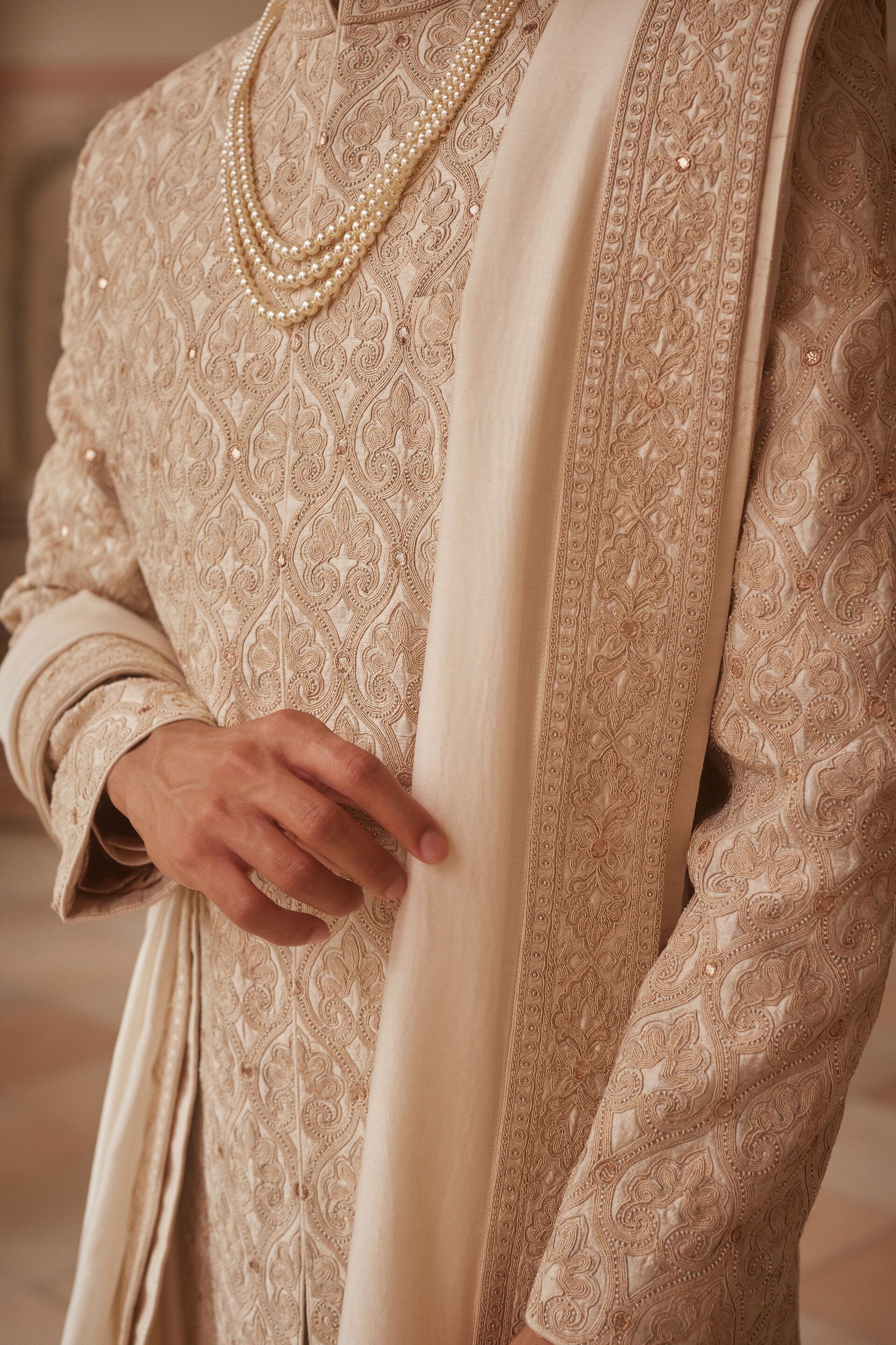 Vismay Gota Patti Silk Sherwani - Ivory, Ivory, image 5